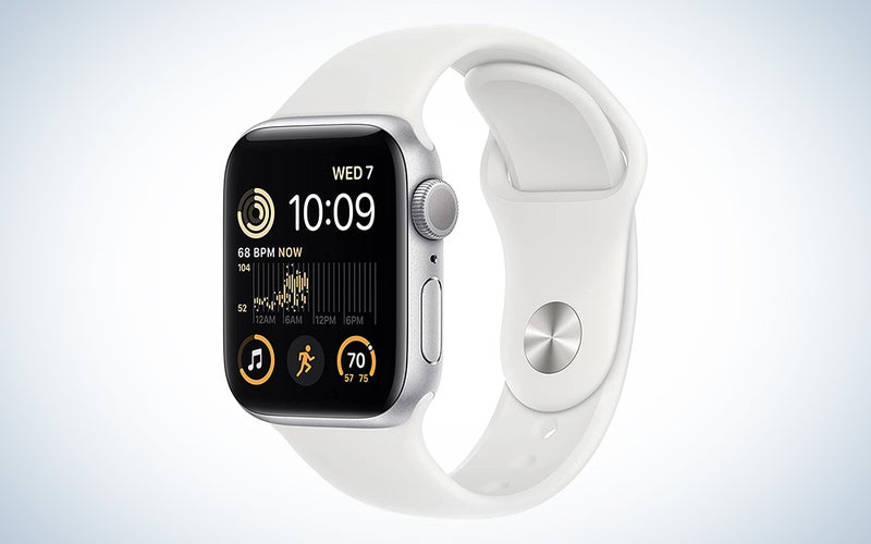 An Apple Watch SE on a blue and white background