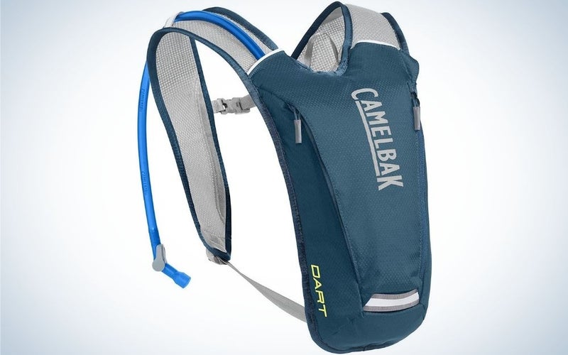 A small blue with white lettering bag with two handles to keep it into the shoulders.