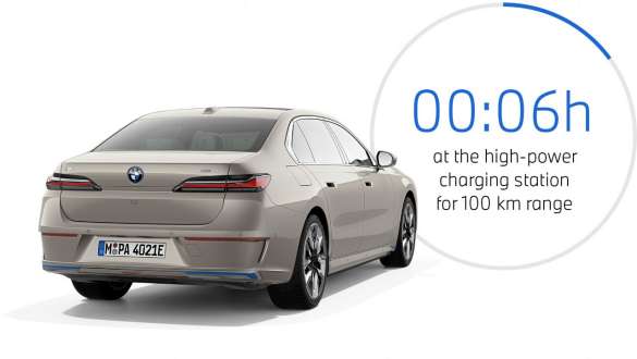 BMW i7 xDrive60 G70 2022 three-quarter rear view with graph on charging time BMW i7 xDrive60 G70 2022 three-quarter rear view with graph on charging time
