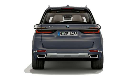 BMW X7 G07 LCI Rear view Sparkling Copper Grey metallic BMW X7 G07 LCI Rear view standing Sparkling Copper Grey metallic