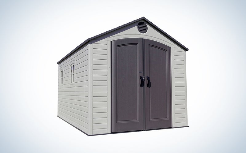 A product photo of the Lifetime 8 x 12.5 ft. Outdoor Steel and Plastic Storage Shed