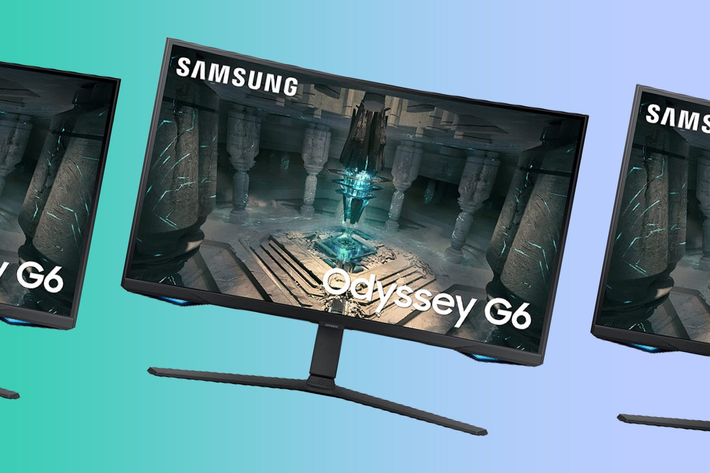 A Samsung G6 monitor on a teal and periwinkle background